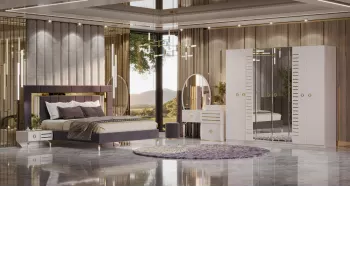 фото для Спальня Тиффани (Кровать 1,8; 2 тумбы; ТС; Шкаф 6дв.) (Крем, Золото, Велюр серо-бежевый)