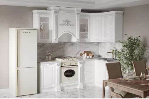 Кухонный гарнитур Венеция угловая 2,40*1,20 (Белый, Серебро, Паладина светлая 38мм)