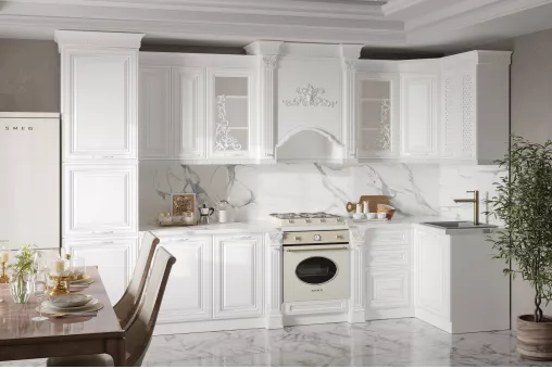 Кухонный гарнитур Венеция угловая 3,60*1,20 (3,00*1,20+ПД600) (Белый, Мрамор Белый 38мм)