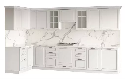 Кухонный гарнитур Дрим 2 уровня, угловой 3,60*1,50 (Белый, Мрамор Белый 38мм)