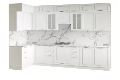 Кухонный гарнитур Дрим 3 уровня, угловой 3,60*1,50 (Белый, Мрамор Белый 38мм)