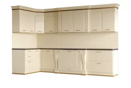 Кухонный гарнитур Киара угловая 3,30*1,50 Левая (Крем, Золото, Мрамор Марквина Чёрный 48мм)