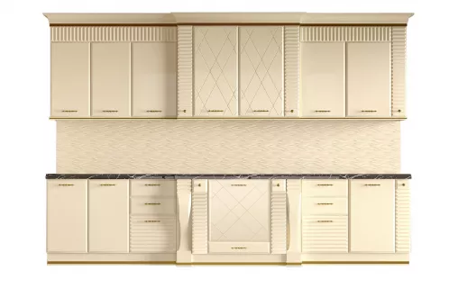 Кухонный гарнитур Киара прямая 3,50 Правая (Крем, Золото, Мрамор Марквина Чёрный 48мм)