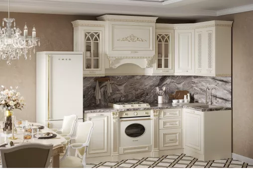 Кухонный гарнитур Монако угловая 2,40*1,20 (Крем, Золото, Марцена 38мм)