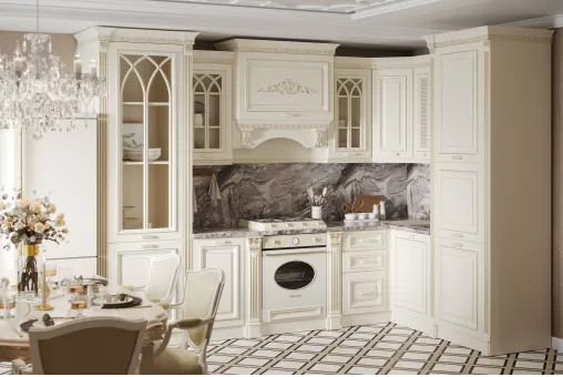 Кухонный гарнитур Монако угловая 3,15*1,95 (2,40*1,20+ПД750+ПС750) (Крем, Золото, Марцена 38мм)
