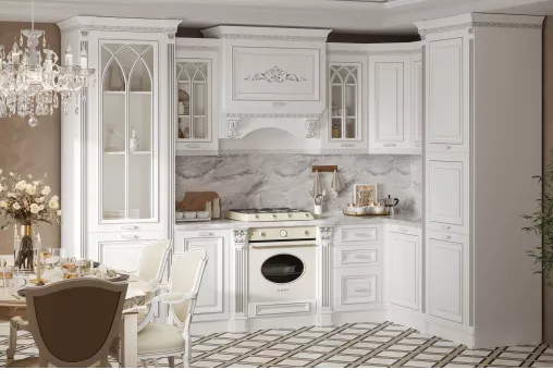 Кухонный гарнитур Монако угловая 3,15*1,95 (2,40*1,20+ПД750+ПС750) (Белый, Серебро, Паладина светлая 38мм)