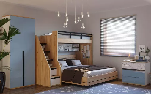 Урбан Комод (Дуб Золотой/Белый/Капри синий, исполнение 1)