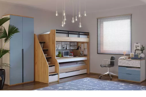 Урбан Комод (Дуб Золотой/Белый/Капри синий, исполнение 1)