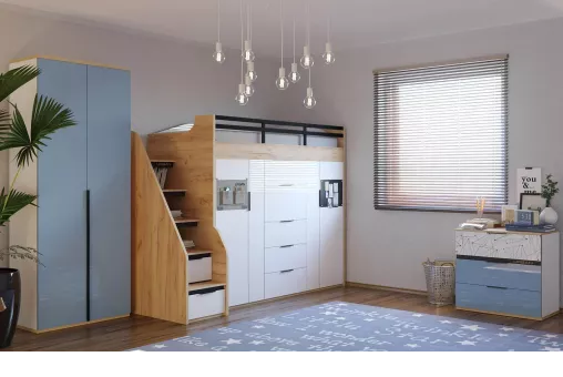 Урбан Комод (Дуб Золотой/Белый/Капри синий, исполнение 1)