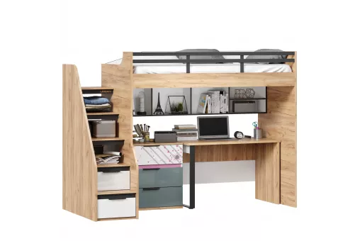 Урбан Кровать-чердак со столом письменным с комодом и полкой (правая Белый/Черный/Розовый)