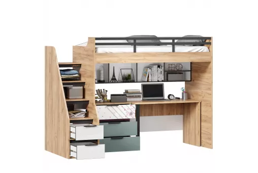 Урбан Кровать-чердак со столом письменным с комодом и полкой (правая Белый/Черный/Розовый)