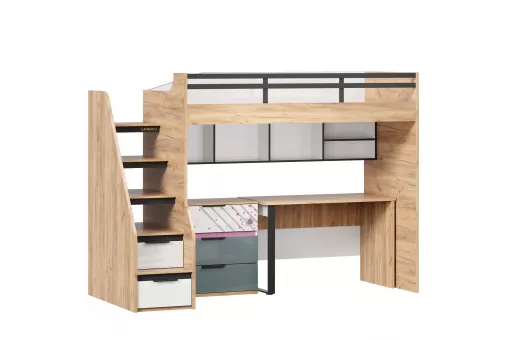 Урбан Кровать-чердак со столом письменным с комодом и полкой (правая Белый/Черный/Розовый)