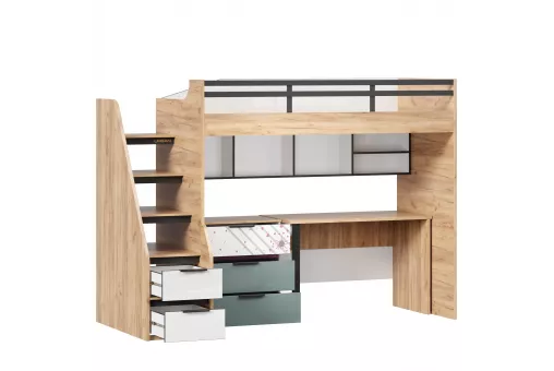 Урбан Кровать-чердак со столом письменным с комодом и полкой (правая Белый/Черный/Розовый)