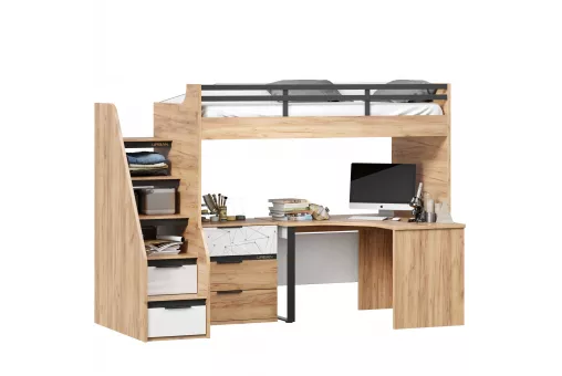 Урбан Кровать-чердак со столом письменным угловым с комодом (правая Дуб Золотой/Белый)