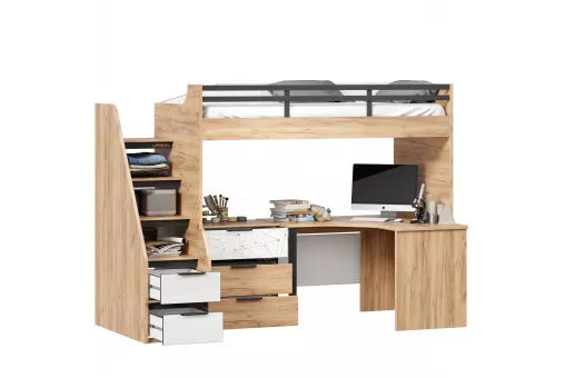 Урбан Кровать-чердак со столом письменным угловым с комодом (правая Дуб Золотой/Белый)