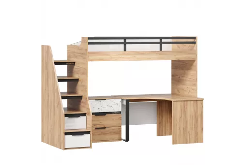 Урбан Кровать-чердак со столом письменным угловым с комодом (правая Дуб Золотой/Белый)