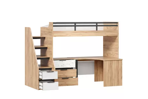 Урбан Кровать-чердак со столом письменным угловым с комодом (правая Дуб Золотой/Белый)