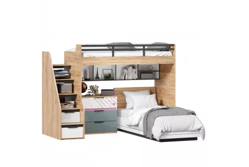 Урбан Кровать-чердак с кроватью односпальной, комодом и полкой (правая Белый/Черный/Розовый)