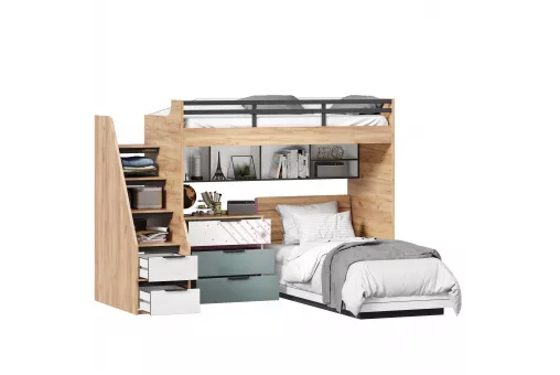 Урбан Кровать-чердак с кроватью односпальной, комодом и полкой (правая Белый/Черный/Розовый)