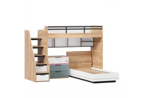 Урбан Кровать-чердак с кроватью односпальной, комодом и полкой (правая Белый/Черный/Розовый)