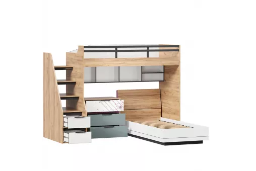 Урбан Кровать-чердак с кроватью односпальной, комодом и полкой (правая Белый/Черный/Розовый)