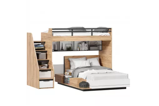 Урбан Кровать-чердак, полутороспальная кровать с тумбой приставной и полкой (правая Дуб Золотой/Белый)