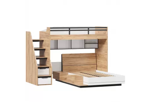 Урбан Кровать-чердак, полутороспальная кровать с тумбой приставной и полкой (правая Дуб Золотой/Белый)