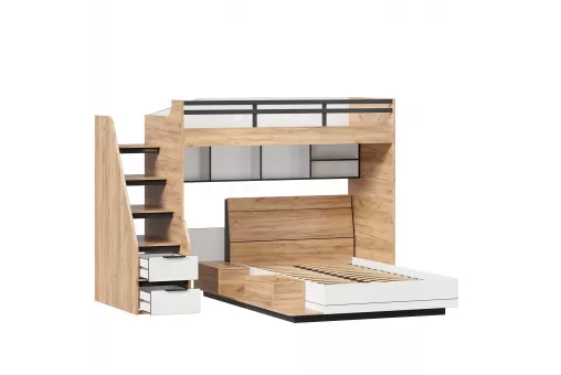 Урбан Кровать-чердак, полутороспальная кровать с тумбой приставной и полкой (правая Дуб Золотой/Белый)