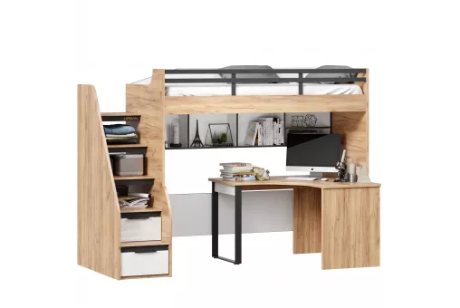 Урбан Кровать-чердак со столом письменным угловым и полкой (правая Дуб Золотой/Белый)
