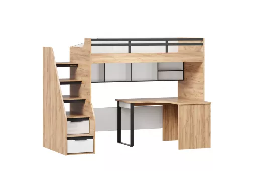 Урбан Кровать-чердак со столом письменным угловым и полкой (правая Дуб Золотой/Белый)