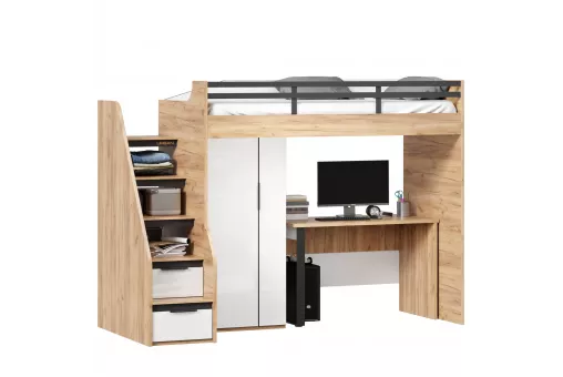 Урбан Кровать-чердак, стол письменный со шкафом для одежды (правая Дуб Золотой/Белый)