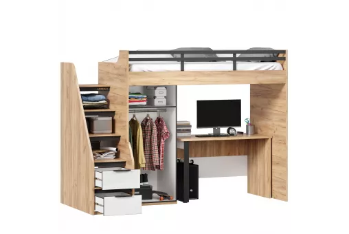 Урбан Кровать-чердак, стол письменный со шкафом для одежды (правая Дуб Золотой/Белый)