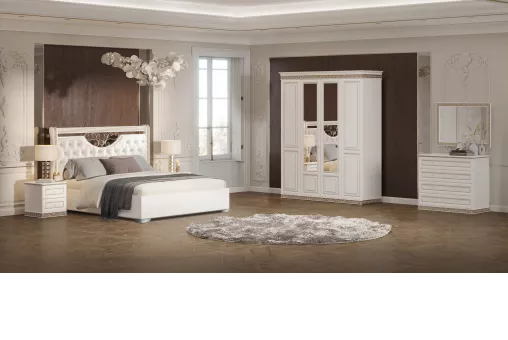 Спальня Берта (Кровать 1,6; 2 тумбы; К/з; Шкаф 4дв.) (Жемчуг, Велюр молочный)
