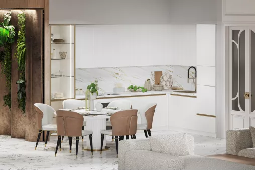 Набор кухонный Мария 2 уровня, угловой 3,60*2,15 (Кухня 3,00*1,55+ПС600+ПД600) (Белый, Золото, Мрамор Милас 38мм)