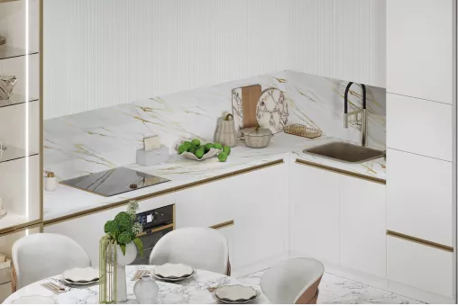 Набор кухонный Мария 2 уровня, угловой 3,60*2,15 (Кухня 3,00*1,55+ПС600+ПД600) (Белый, Золото, Мрамор Милас 38мм)