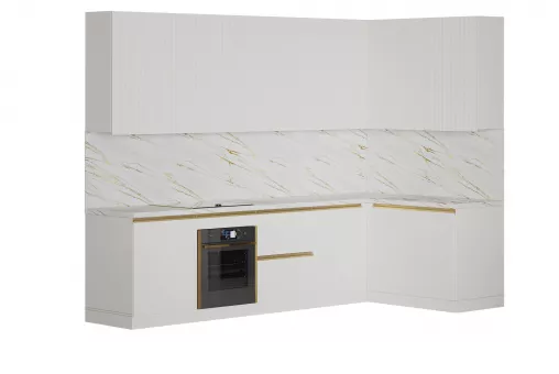 Кухонный гарнитур Мария угловая 3,00*1,55 (Белый, Золото, Мрамор Милас 38мм)