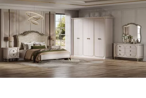 Спальня Мария (Кровать 1,8; 2 тумбы; К/з; Шкаф 6дв.) (Бежевый, Жаккард бежевый)