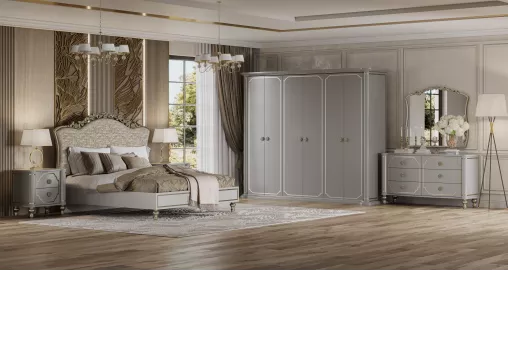 Спальня Мария (Кровать 1,8; 2 тумбы; К/з; Шкаф 6дв.) (Платина серая, Жаккард олива)