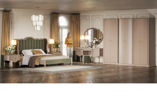 Спальня София (Кровать 1,8; 2 тумбы; ТС; Шкаф 6дв.) (Бежевый, Велюр зеленый)