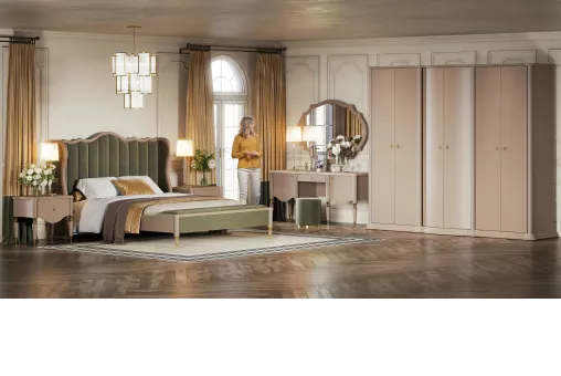 Спальня София (Кровать 1,8; 2 тумбы; ТС; Шкаф 6дв.) (Бежевый, Велюр зеленый)