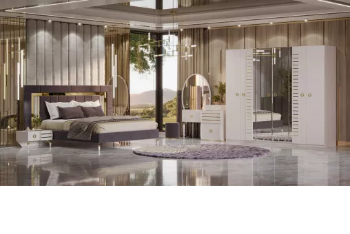 Спальня Тиффани (Кровать 1,8; 2 тумбы; ТС; Шкаф 6дв.) (Крем, Золото, Велюр серо-бежевый)